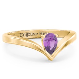 Pear Birthstone V-Shape Ring in 18K Gold Plated Silver with Amethyst