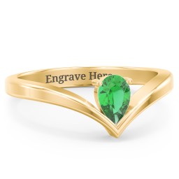 Pear Birthstone V-Shape Ring in 18K Gold Plated Silver with Emerald