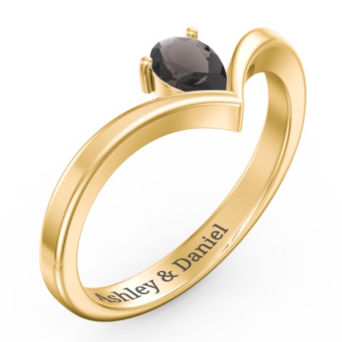 Pear Birthstone V-Shape Ring – 18K Gold Plated Silver with Smokey Quartz