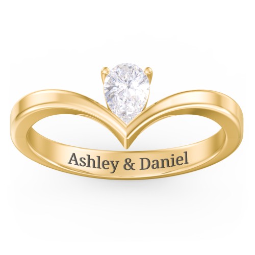 Pear Birthstone V-Shape Ring – 18K Gold Plated Silver with Diamond
