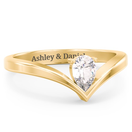 Pear Birthstone V-Shape Ring – 18K Gold Plated Silver with Cubic Zirconia