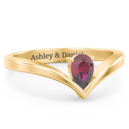 Pear Birthstone V-Shape Ring – 18K Gold Plated Silver with Ruby