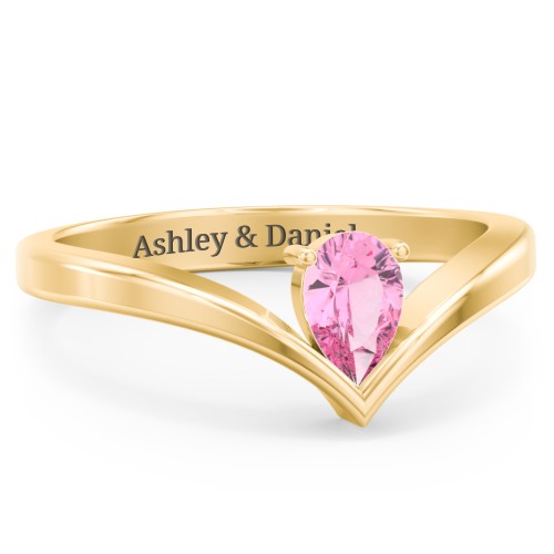 Pear Birthstone V-Shape Ring – 18K Gold Plated Silver with Pink Tourmaline