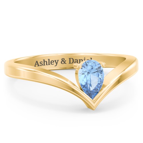 Pear Birthstone V-Shape Ring – 18K Gold Plated Silver with Blue Topaz
