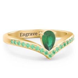 Pear Birthstone V-Shape Ring With Accents in 18K Gold Plated Silver with Emerald and Green Premium Zirconia