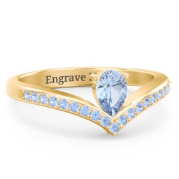 Pear Birthstone V-Shape Ring With Accents in 18K Gold Plated Silver with Aquamarine and Fancy Blue Premium Zirconia
