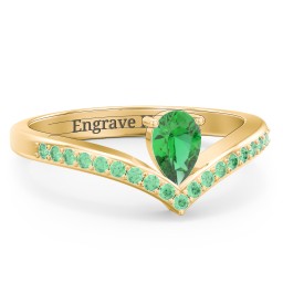 Pear Birthstone V-Shape Ring With Accents in 18K Gold Plated Silver
