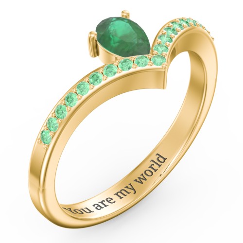 Pear Birthstone V-Shape Ring With Accents – 18K Gold Plated Silver with Emerald and Green Premium Zirconia