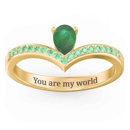 Pear Birthstone V-Shape Ring With Accents – 18K Gold Plated Silver with Emerald and Green Premium Zirconia