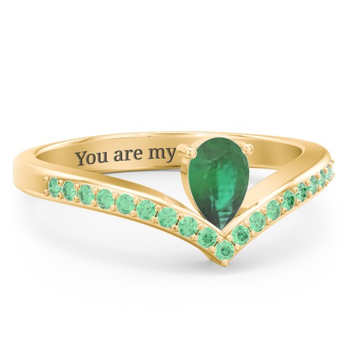 Pear Birthstone V-Shape Ring With Accents – 18K Gold Plated Silver with Emerald and Green Premium Zirconia