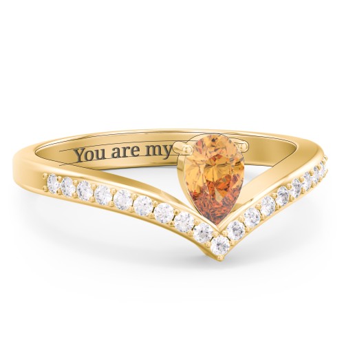Pear Birthstone V-Shape Ring With Accents