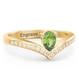 Pear Birthstone V-Shape Ring With Accents in 18K Gold Plated Silver with Peridot and Fancy Yellow Premium Zirconia