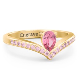 Pear Birthstone V-Shape Ring With Accents in 18K Gold Plated Silver with Pink Tourmaline and Fancy Pink Premium Zirconia