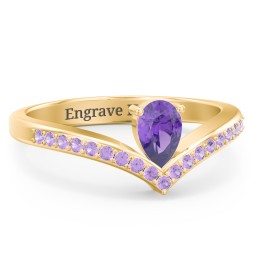 Pear Birthstone V-Shape Ring With Accents in 18K Gold Plated Silver with Amethyst and Amethyst Premium Zirconia