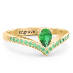 Pear Birthstone V-Shape Ring With Accents in 18K Gold Plated Silver with Emerald and Green Premium Zirconia