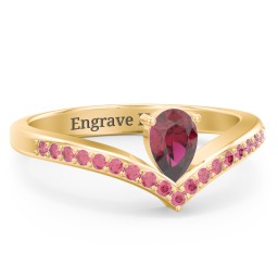 Pear Birthstone V-Shape Ring With Accents in 18K Gold Plated Silver with Ruby and Red Premium Zirconia