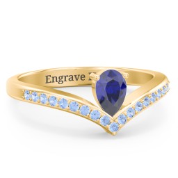 Pear Birthstone V-Shape Ring With Accents in 18K Gold Plated Silver with Blue Sapphire and Fancy Blue Premium Zirconia