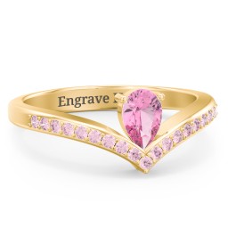 Pear Birthstone V-Shape Ring With Accents in 18K Gold Plated Silver with Pink Tourmaline and Fancy Pink Premium Zirconia