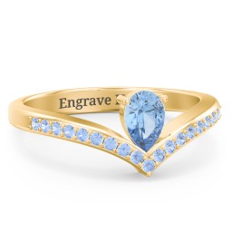 Pear Birthstone V-Shape Ring With Accents in 18K Gold Plated Silver with Blue Topaz and Fancy Blue Premium Zirconia