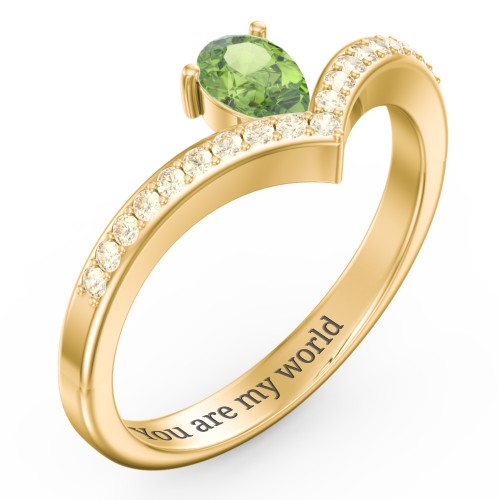 Pear Birthstone V-Shape Ring With Accents – 18K Gold Plated Silver with Peridot and Fancy Yellow Premium Zirconia