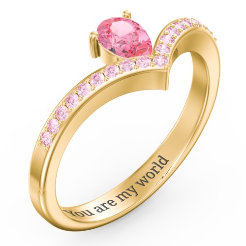 Pear Birthstone V-Shape Ring With Accents – 18K Gold Plated Silver with Pink Tourmaline and Fancy Pink Premium Zirconia
