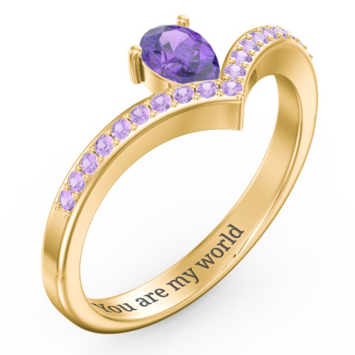 Pear Birthstone V-Shape Ring With Accents – 18K Gold Plated Silver with Amethyst and Amethyst Premium Zirconia