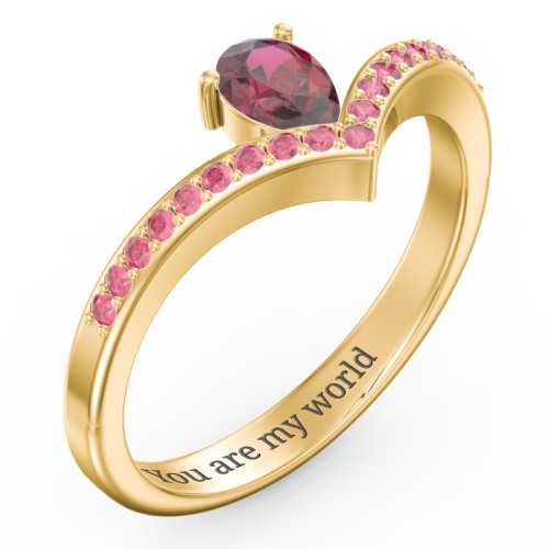 Pear Birthstone V-Shape Ring With Accents – 18K Gold Plated Silver with Ruby and Red Premium Zirconia
