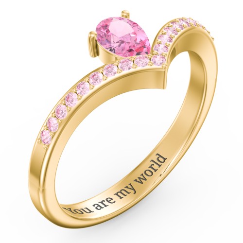 Pear Birthstone V-Shape Ring With Accents – 18K Gold Plated Silver with Pink Tourmaline and Fancy Pink Premium Zirconia
