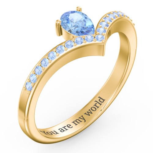 Pear Birthstone V-Shape Ring With Accents – 18K Gold Plated Silver with Blue Topaz and Fancy Blue Premium Zirconia
