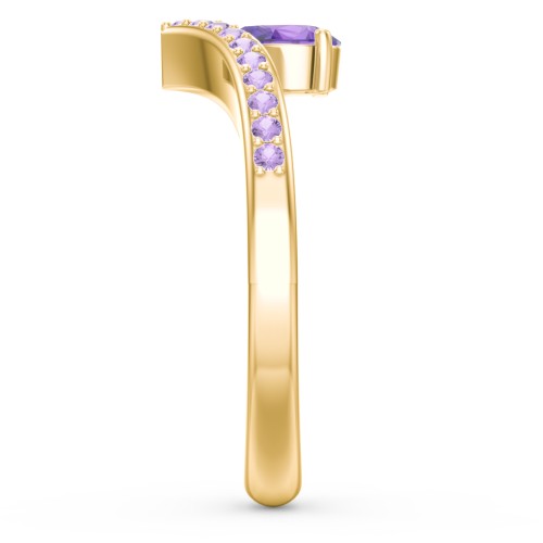 Pear Birthstone V-Shape Ring With Accents – 18K Gold Plated Silver with Amethyst and Amethyst Premium Zirconia