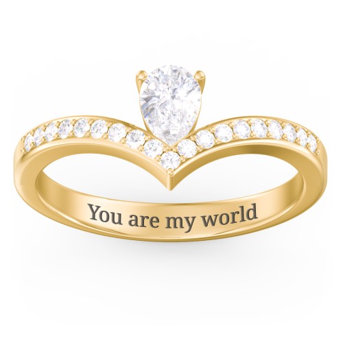 Pear Birthstone V-Shape Ring With Accents – 18K Gold Plated Silver with Diamond
