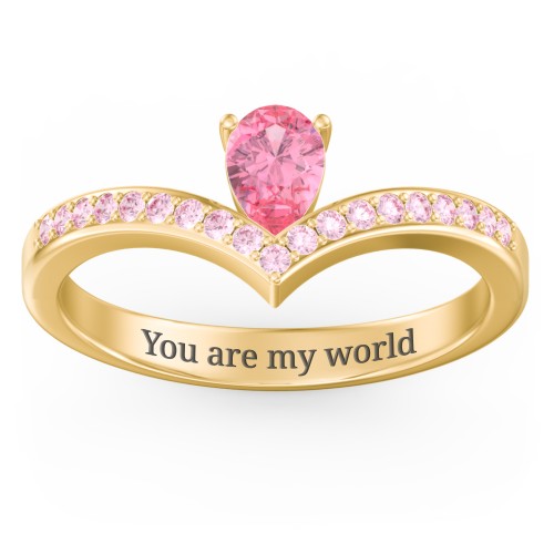 Pear Birthstone V-Shape Ring With Accents – 18K Gold Plated Silver with Pink Tourmaline and Fancy Pink Premium Zirconia