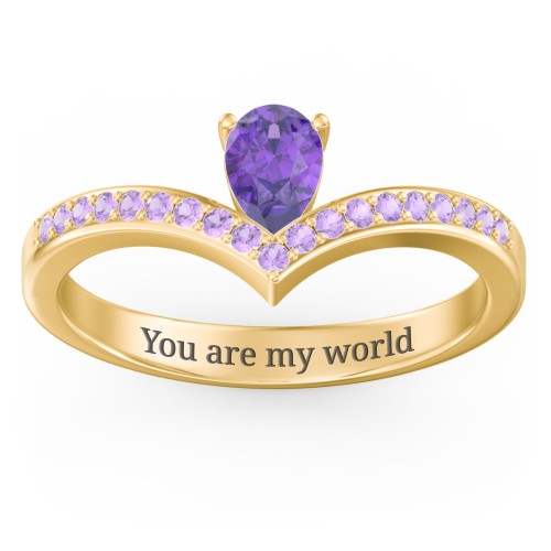 Pear Birthstone V-Shape Ring With Accents – 18K Gold Plated Silver with Amethyst and Amethyst Premium Zirconia