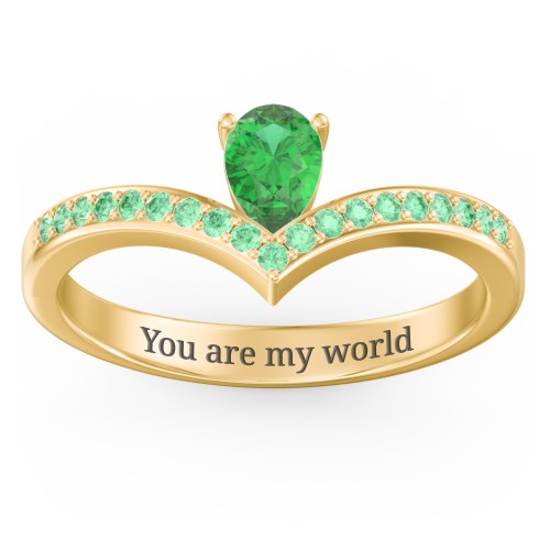 Pear Birthstone V-Shape Ring With Accents – 18K Gold Plated Silver with Emerald and Green Premium Zirconia