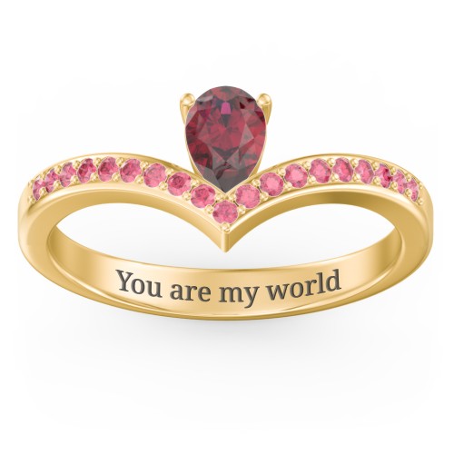 Pear Birthstone V-Shape Ring With Accents – 18K Gold Plated Silver with Ruby and Red Premium Zirconia