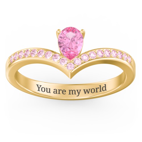 Pear Birthstone V-Shape Ring With Accents – 18K Gold Plated Silver with Pink Tourmaline and Fancy Pink Premium Zirconia