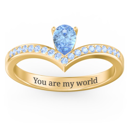 Pear Birthstone V-Shape Ring With Accents – 18K Gold Plated Silver with Blue Topaz and Fancy Blue Premium Zirconia
