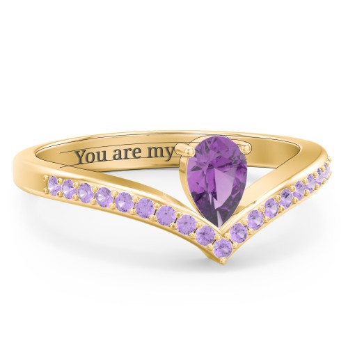 Pear Birthstone V-Shape Ring With Accents – 18K Gold Plated Silver with Amethyst and Amethyst Premium Zirconia