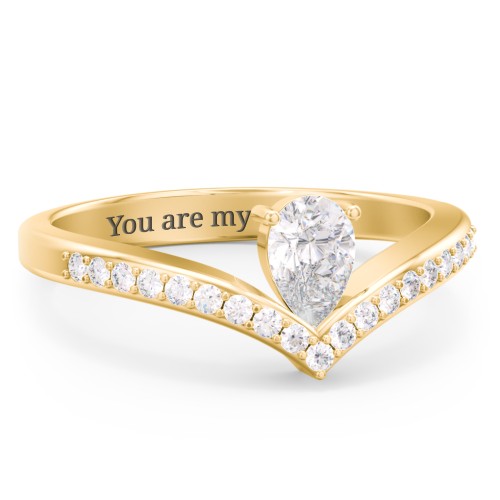 Pear Birthstone V-Shape Ring With Accents – 18K Gold Plated Silver with Diamond