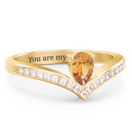 Pear Birthstone V-Shape Ring With Accents – 18K Gold Plated Silver with Citrine and White Premium Zirconia
