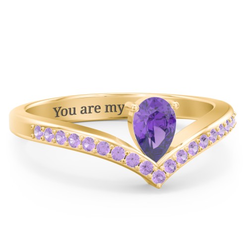Pear Birthstone V-Shape Ring With Accents – 18K Gold Plated Silver with Amethyst and Amethyst Premium Zirconia