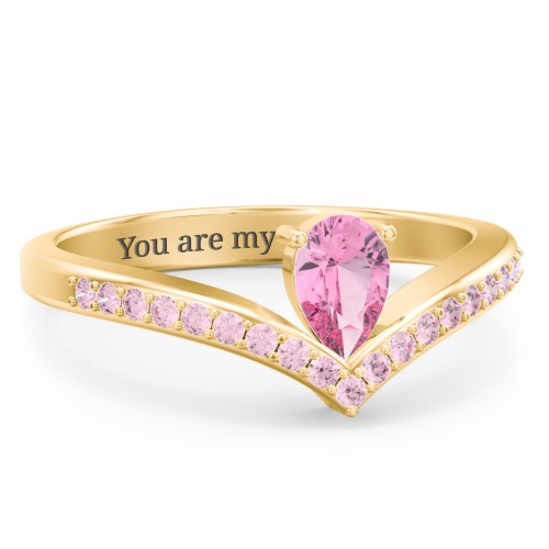 Pear Birthstone V-Shape Ring With Accents – 18K Gold Plated Silver with Pink Tourmaline and Fancy Pink Premium Zirconia
