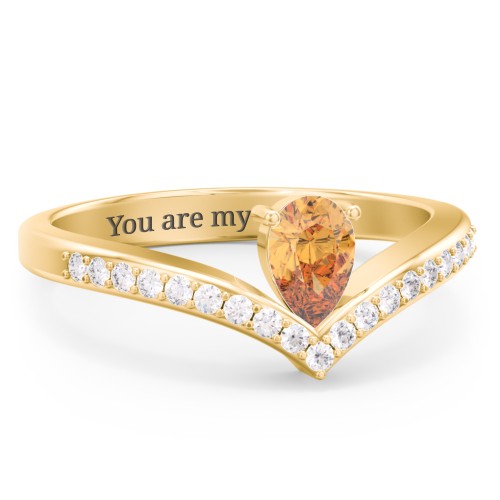 Pear Birthstone V-Shape Ring With Accents – 18K Gold Plated Silver with Citrine and White Premium Zirconia