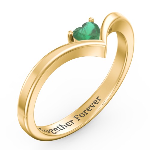 Heart Birthstone V-Shape Ring – 18K Gold Plated Silver with Emerald