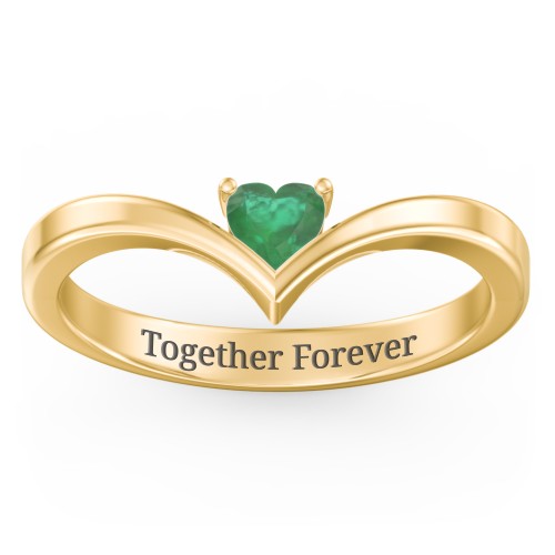 Heart Birthstone V-Shape Ring – 18K Gold Plated Silver with Emerald