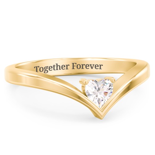 Heart Birthstone V-Shape Ring – 18K Gold Plated Silver with Cubic Zirconia