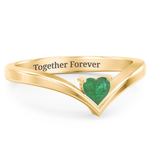 Heart Birthstone V-Shape Ring – 18K Gold Plated Silver with Emerald