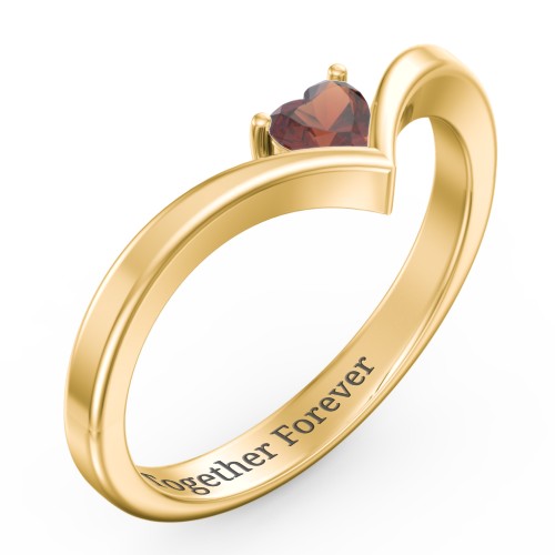 Heart Birthstone V-Shape Ring – 18K Gold Plated Silver with Garnet