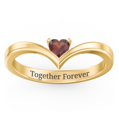 Heart Birthstone V-Shape Ring – 18K Gold Plated Silver with Garnet