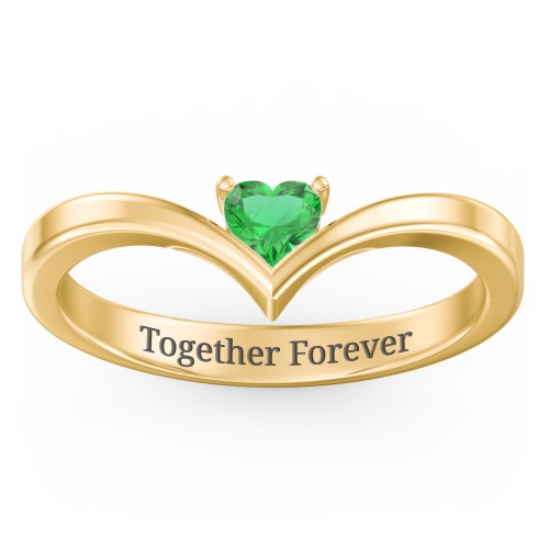 Heart Birthstone V-Shape Ring – 18K Gold Plated Silver with Emerald